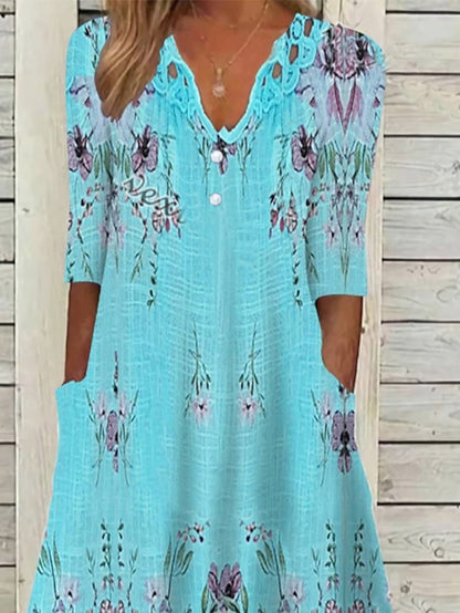 Women's Dress - Casual Dress Ethnic Dress Swing Dress Midi Dress Blue Half Sleeve Floral Ruched Fall Spring Summer V Neck Basic Daily Vacation Loose Fit 2023 S M L XL XXL 3XL