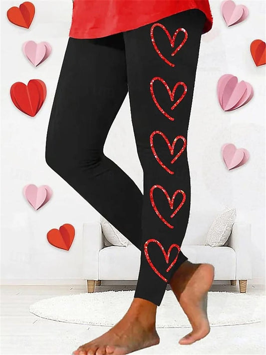 Women's Leggings Polyester Heart Black Pink Active High Waist Long Valentine's Day Festival Spring
