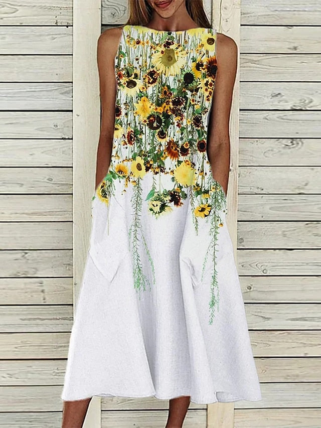 Women's Dress - A Line Dress Midi Dress Sleeveless Floral Pocket Cold Shoulder Print Spring Summer Round Neck Casual Vintage Going out 2023 S M L XL XXL Cotton
