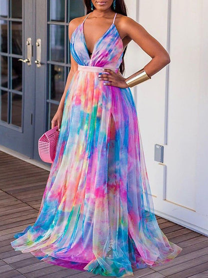 Women's Dress - Plus Size Curve Party Dress Sundress Tie Dye V Neck Print Sleeveless Spring Summer Formal Prom Dress Maxi long Dress Party Vacation Dress / Party Dress