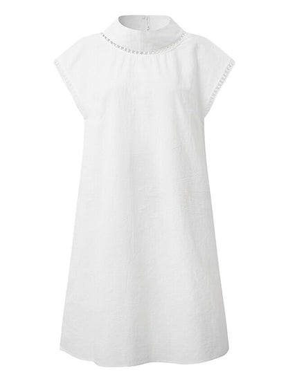 Women's Dress - Casual Dress Cotton Linen Dress Shift Dress Midi Dress Cotton Blend Fashion Basic Outdoor Daily Vacation Stand Collar Hollow Out Eyelet Short Sleeve Summer Spring 2023 Loose Fit White Blue