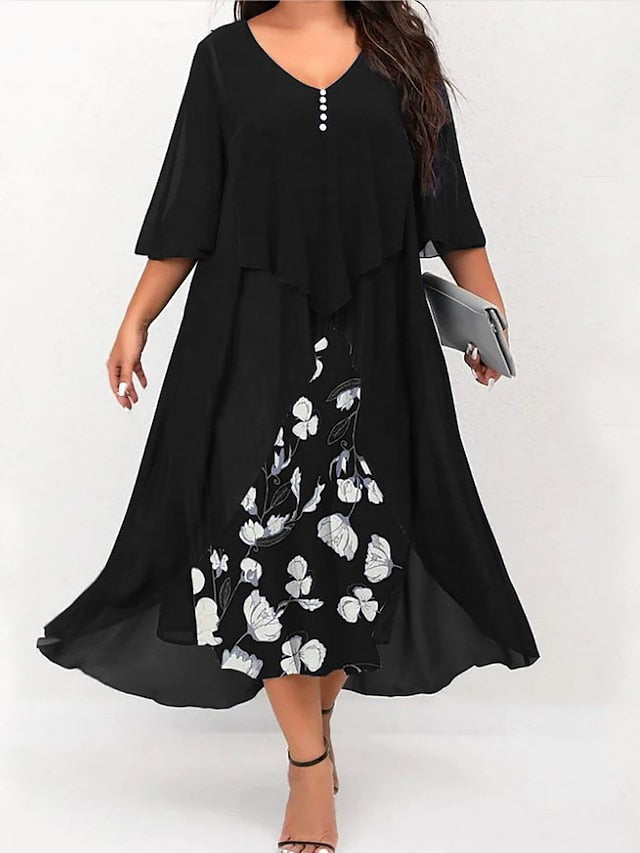 Women's Plus Size Curve Work Dress Floral V Neck Ruched 3/4 Length Sleeve Spring Summer Work Elegant Midi Dress  Layered Formal Vacation Dress - LuckyFash™