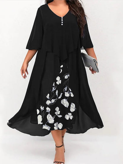 Women's Plus Size Curve Work Dress Floral V Neck Ruched 3/4 Length Sleeve Spring Summer Work Elegant Midi Dress  Layered Formal Vacation Dress - LuckyFash™