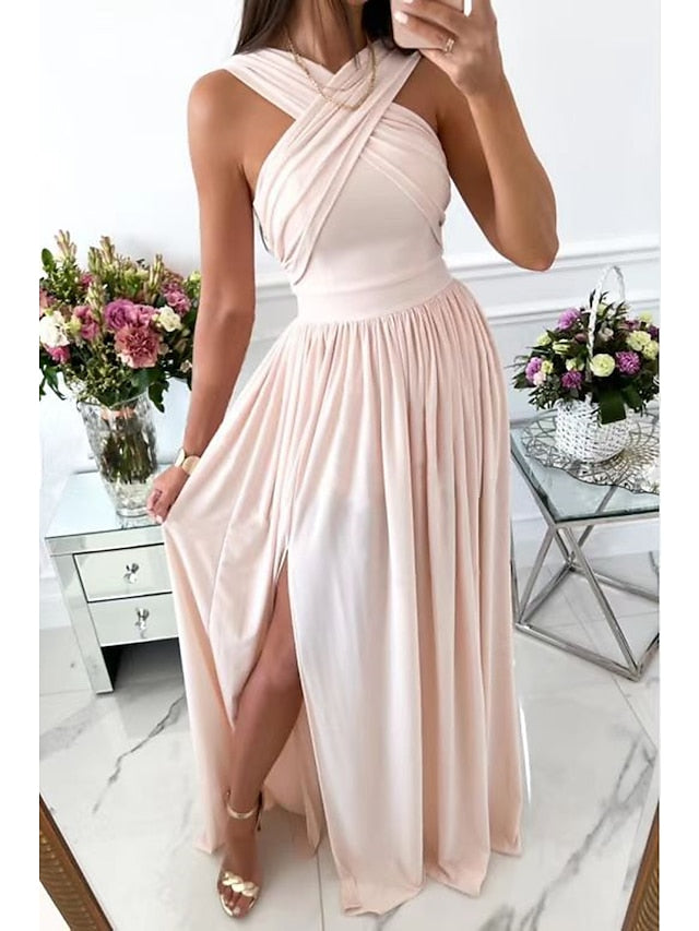 Women's Dress - Party Dress Wedding Guest Dress Long Dress Maxi Dress Wine Red Beige Sleeveless Pure Color Backless Spring Summer Halter Neck 2023 S M L XL XXL