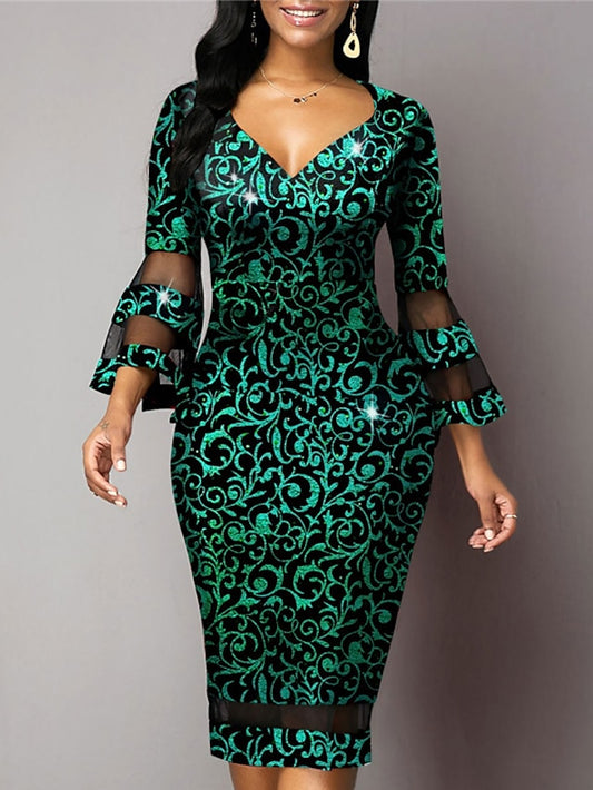 Women's Dress - Party Dress Bodycon Sheath Dress Midi Dress Red Green 3/4 Length Sleeve Floral Mesh Summer Spring V Neck Fashion Party Vacation 2023 S M L XL XXL