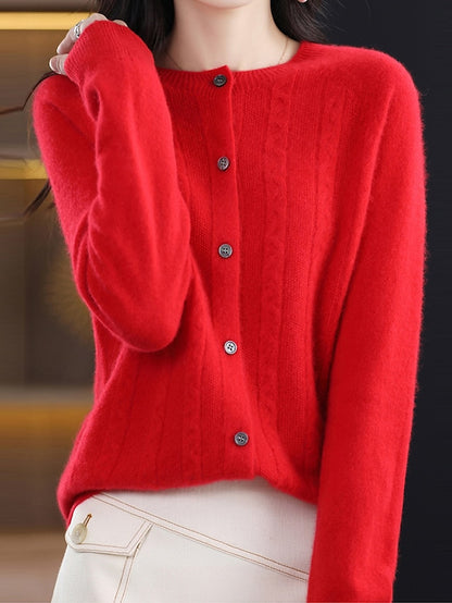 Women's Cardigan Sweater Jacket Crew Neck Cable Knit Polyester Button Knitted Fall Winter Regular Outdoor Valentine's Day Daily Streetwear Stylish Casual Long Sleeve Pure Color Pink Red Orange S M L
