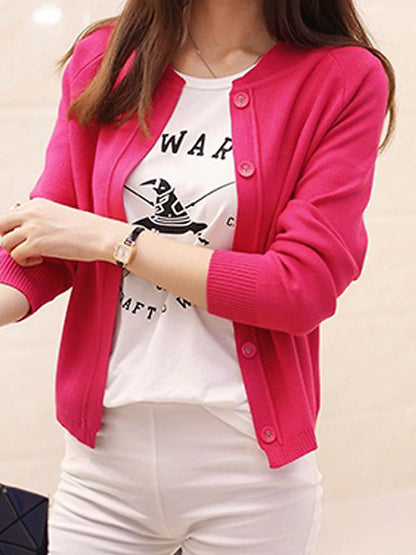 Women's Cardigan Sweater Crew Neck Ribbed Knit Acrylic Button Fall Winter Short Daily Going out Weekend Stylish Casual Soft Long Sleeve Solid Color Black Yellow Pink S M L