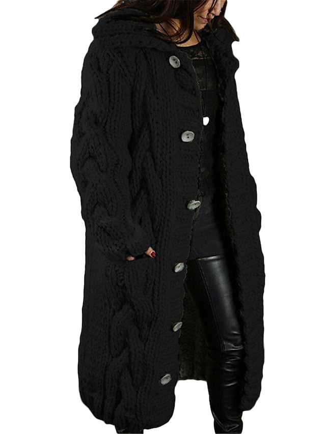 Women's Cardigan Sweater Hooded Cable Knit Acrylic Button Pocket Fall Winter Long Outdoor Going out Weekend Stylish Casual Soft Long Sleeve Pure Color Red Brown Black Light Green S M L