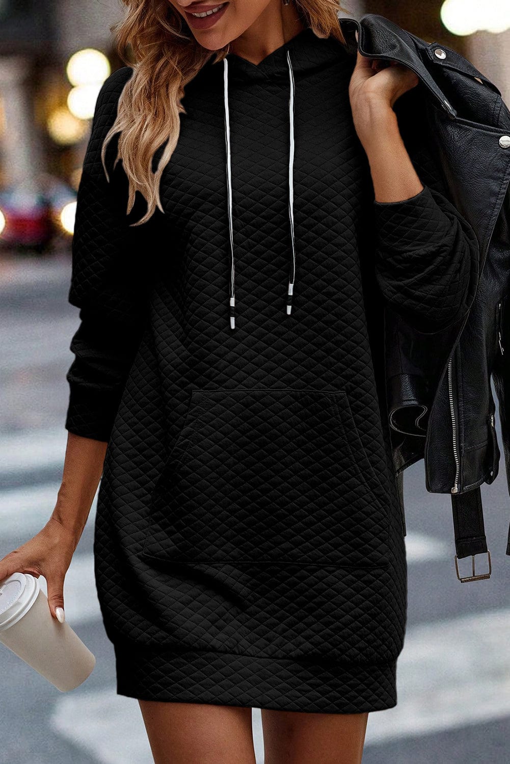 Quilted Black Hoodie Dress with Kangaroo Pocket