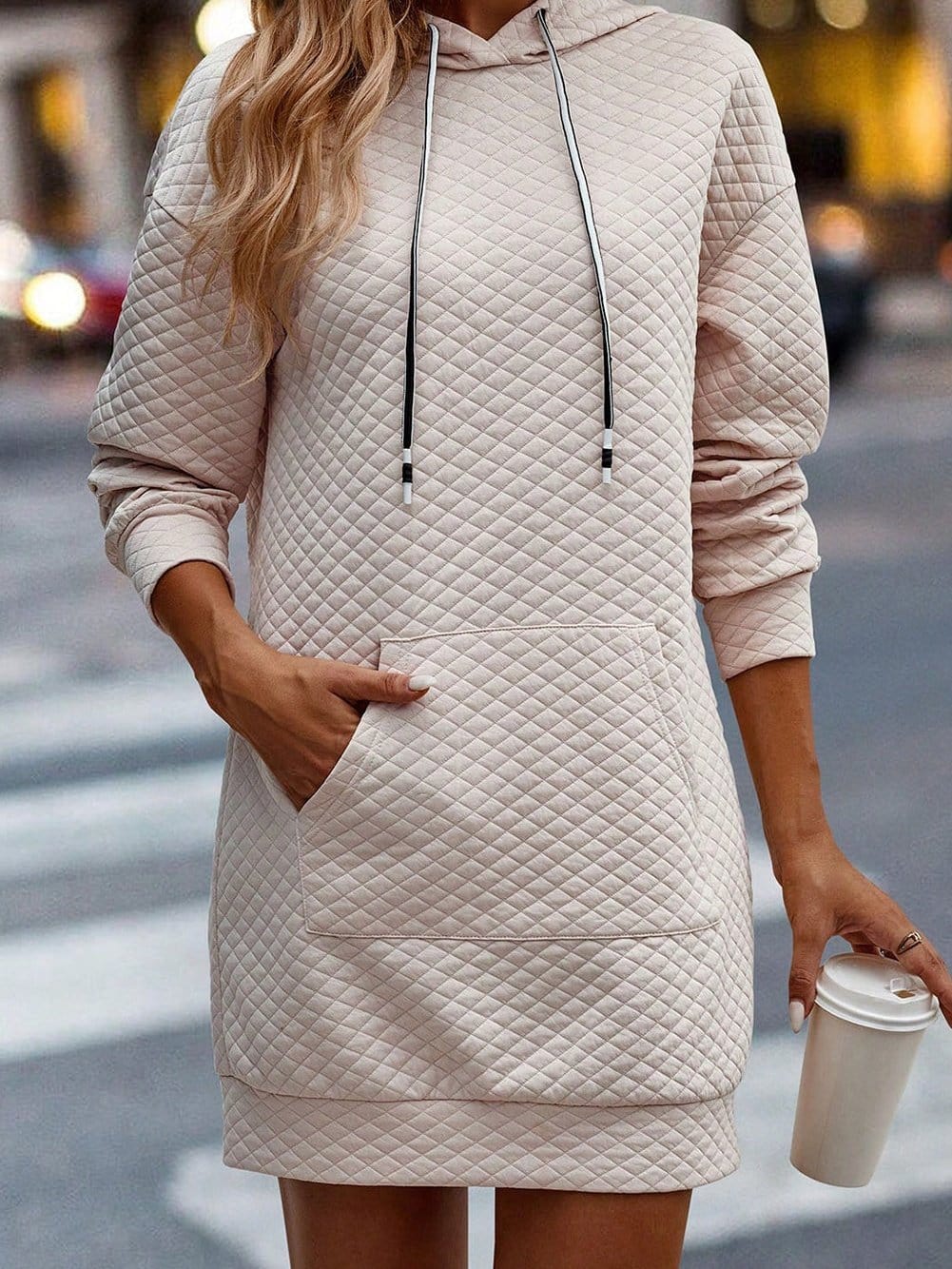 Quilted Hoodie Dress with Kangaroo Pocket in Parchment Gray