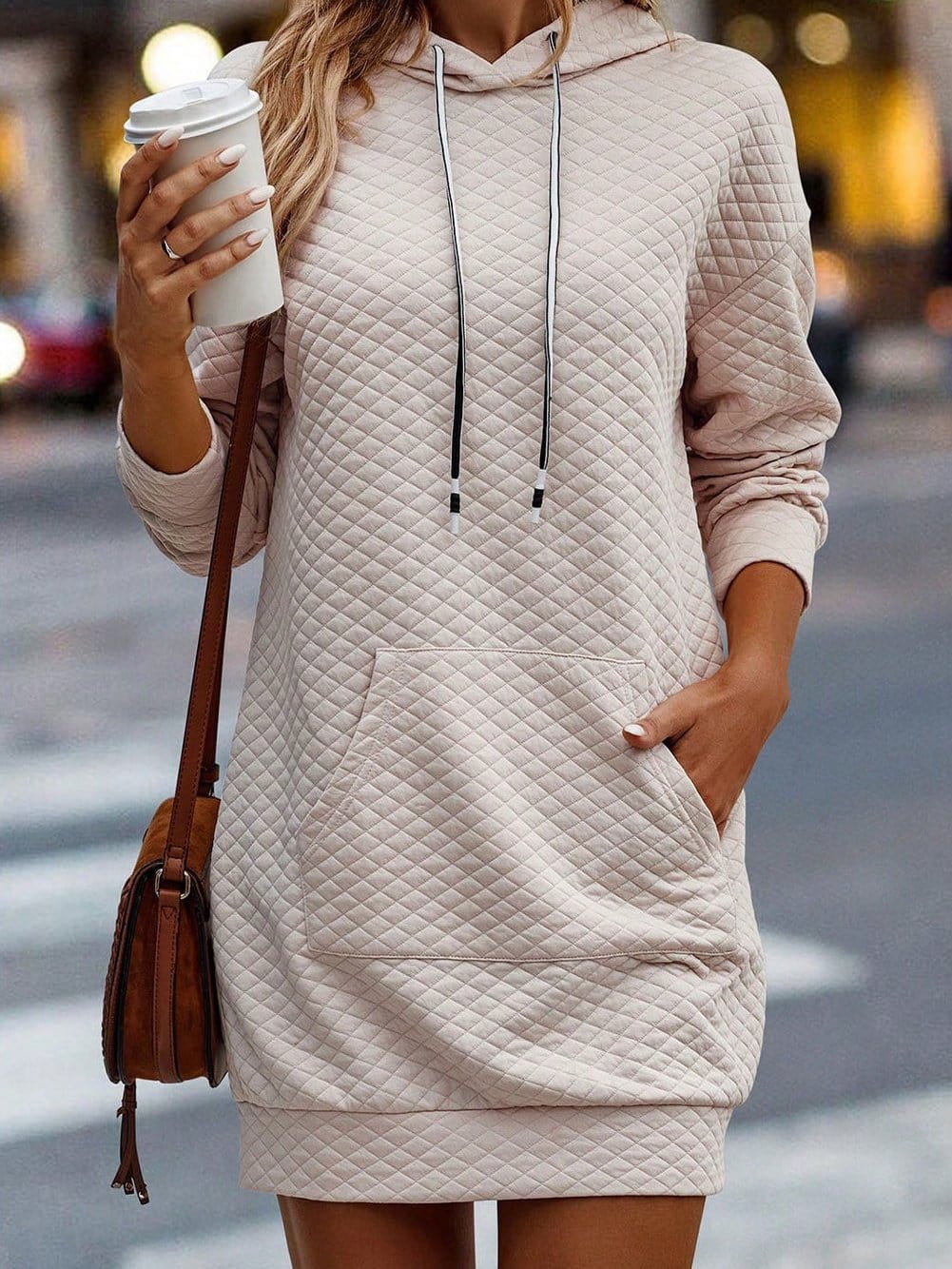 Quilted Hoodie Dress with Kangaroo Pocket in Parchment Gray