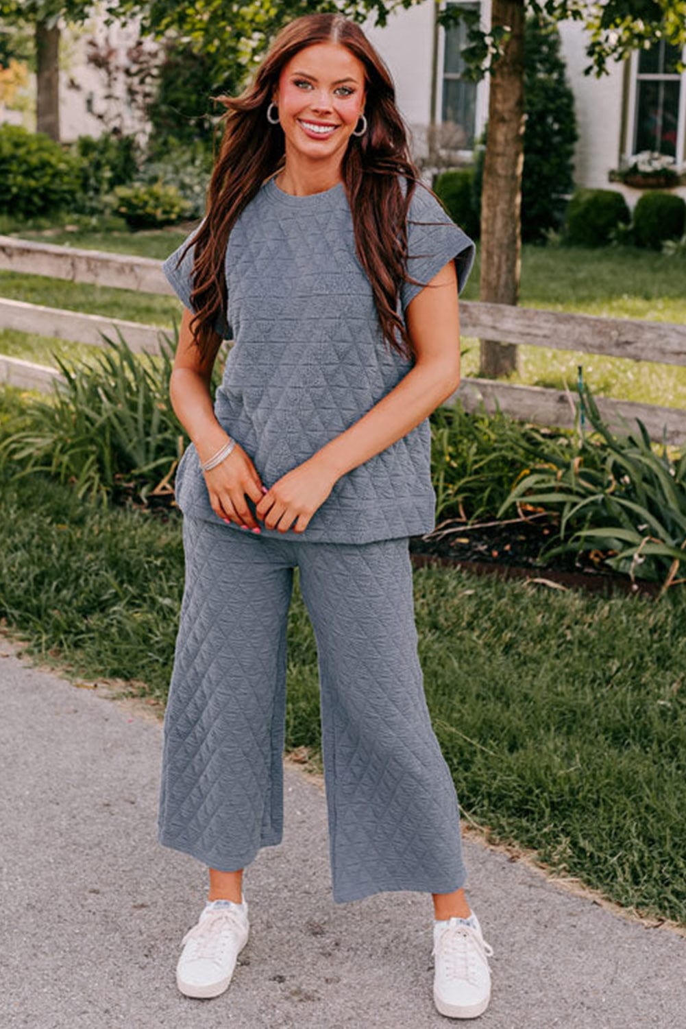 Quilted Teal Short Sleeve Wide Leg Pants Ensemble