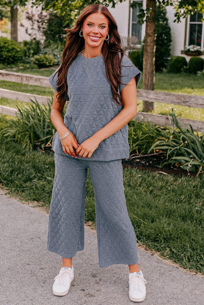Quilted Teal Short Sleeve Wide Leg Pants Ensemble