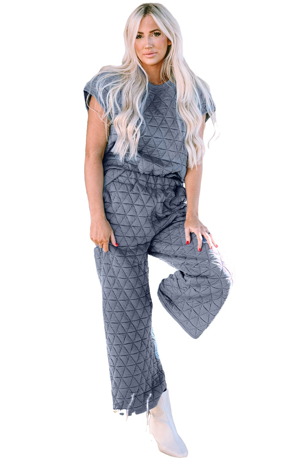 Quilted Teal Short Sleeve Wide Leg Pants Ensemble