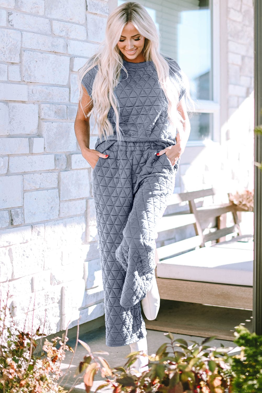 Quilted Teal Short Sleeve Wide Leg Pants Ensemble