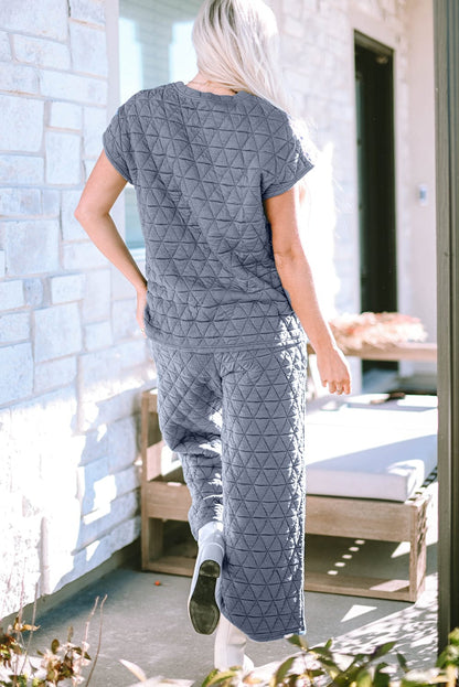 Quilted Teal Short Sleeve Wide Leg Pants Ensemble