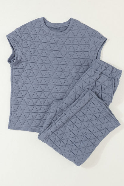 Quilted Teal Short Sleeve Wide Leg Pants Ensemble