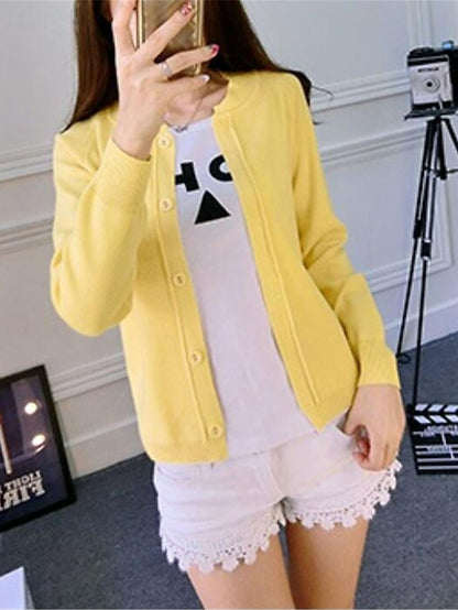Women's Cardigan Sweater Crew Neck Ribbed Knit Acrylic Button Fall Winter Short Daily Going out Weekend Stylish Casual Soft Long Sleeve Solid Color Black Yellow Pink S M L
