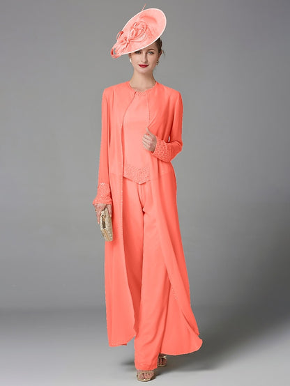 Jumpsuit / Pantsuit 3 Piece Mother of the Bride Dress Formal Plus Size Elegant Wrap Included Bateau Neck Floor Length Chiffon Sleeveless with Beading Appliques 2023 - LuckyFash™