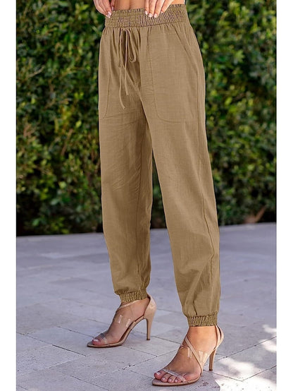 Women's Joggers Faux Linen Plain Black Khaki Fashion High Waist Full Length Street Daily