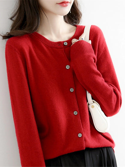 Women's Cardigan Sweater Jumper Ribbed Knit Button Solid Color Crew Neck Stylish Casual Outdoor Daily Autumn Winter Wine Red Big red S M L