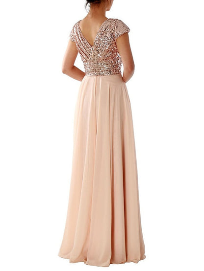 Women's Dress - Swing Dress Maxi long Dress Party Dress Light Blue Short Sleeve Pure Color V Neck Sequins Chiffon Evening Dress Ruched Patchwork Spring Summer Personalized Stylish Elegant Luxurious