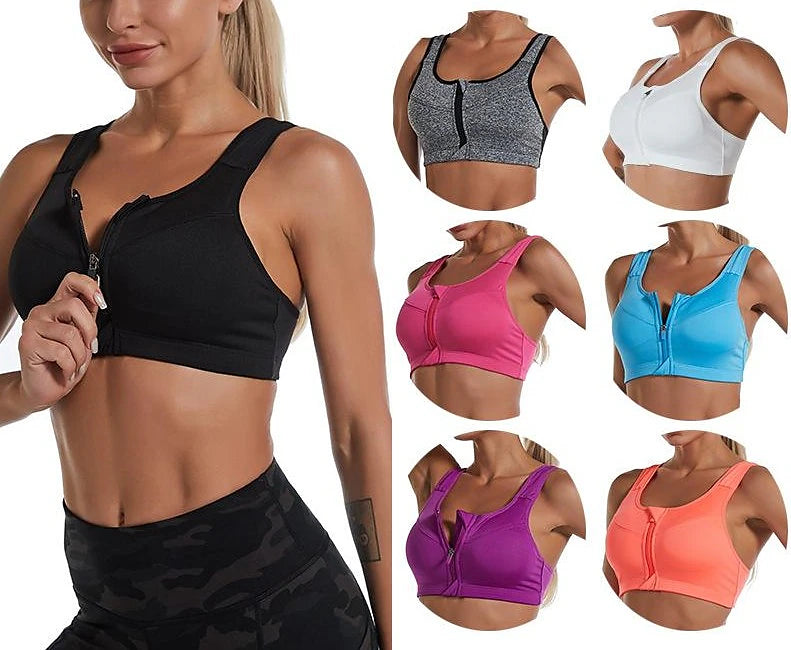 Women's High Support Sports Bra Running Bra Zip Front Back Clasp Bra Top Padded Yoga Fitness Gym Workout Adjustable Breathable Quick Dry Black Blue Purple Solid Colored