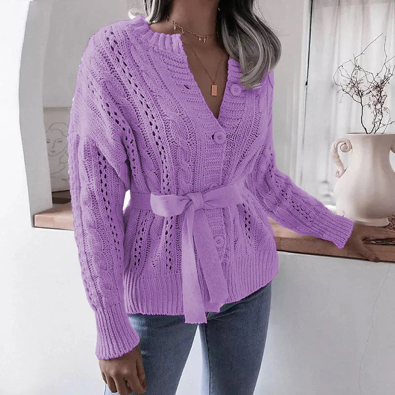 Women's Cardigan Sweater Jumper Cable Knit Lace up Button Pure Color Crew Neck Stylish Casual Outdoor Daily Winter Fall Purple Yellow S M L / Cotton / Long Sleeve / Cotton / Holiday / Regular Fit