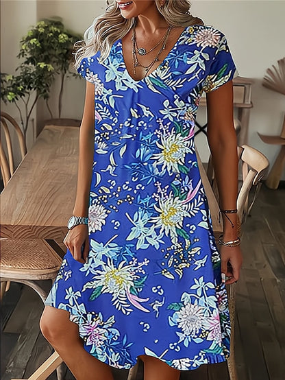 Women's Dress - Casual Dress Summer Dress Print Dress Leaf Floral Print V Neck Midi Dress Fashion Modern Outdoor Daily Short Sleeve Regular Fit Black White Yellow Summer Spring S M L XL XXL