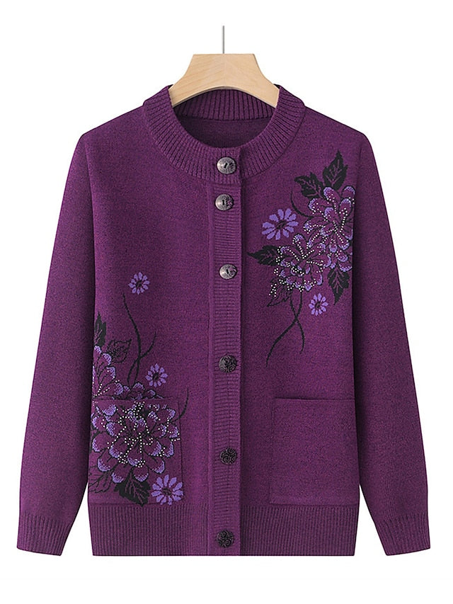 Women's Cardigan Sweater Crew Neck Ribbed Knit Polyester Button Pocket Fall Winter Outdoor Holiday Going out Stylish Casual Soft Long Sleeve Floral claret Grass Green Leather Pink XL 2XL 3XL