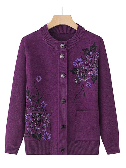 Women's Cardigan Sweater Crew Neck Ribbed Knit Polyester Button Pocket Fall Winter Outdoor Holiday Going out Stylish Casual Soft Long Sleeve Floral claret Grass Green Leather Pink XL 2XL 3XL