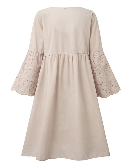 Women's Dress - Casual Dress Lace Dress Summer Dress Plain Lace Hollow Out U Neck Mini Dress Fashion Streetwear Outdoor Daily 3/4 Length Sleeve Loose Fit White Green Apricot Summer Spring S M L XL XXL