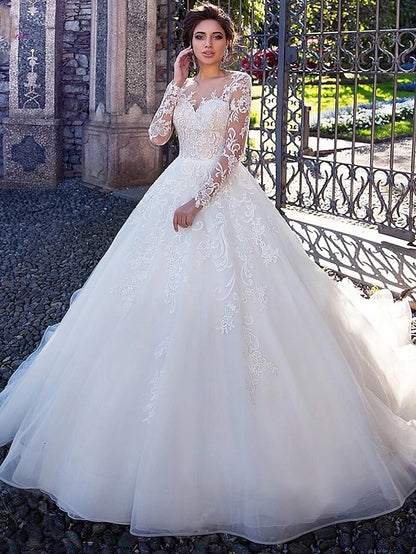 Engagement Formal Wedding Dresses Ball Gown Illusion Neck Long Sleeve Court Train Lace Bridal Gowns With Lace Appliques 2023 Summer Wedding Party, Women's Clothing - LuckyFash™