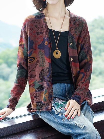 Women's Cardigan Sweater V Neck Ribbed Knit Polyester Button Print Fall Winter Outdoor Daily Holiday Stylish Casual Soft Long Sleeve Animal Floral Rose black Chain black Rose navy blue S M L