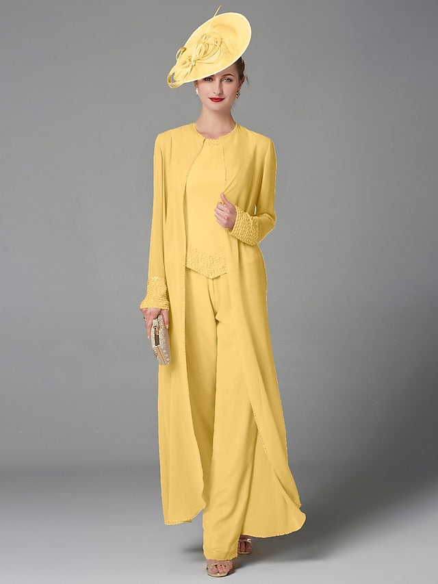 Jumpsuit / Pantsuit 3 Piece Mother of the Bride Dress Formal Plus Size Elegant Wrap Included Bateau Neck Floor Length Chiffon Sleeveless with Beading Appliques 2023 - LuckyFash™