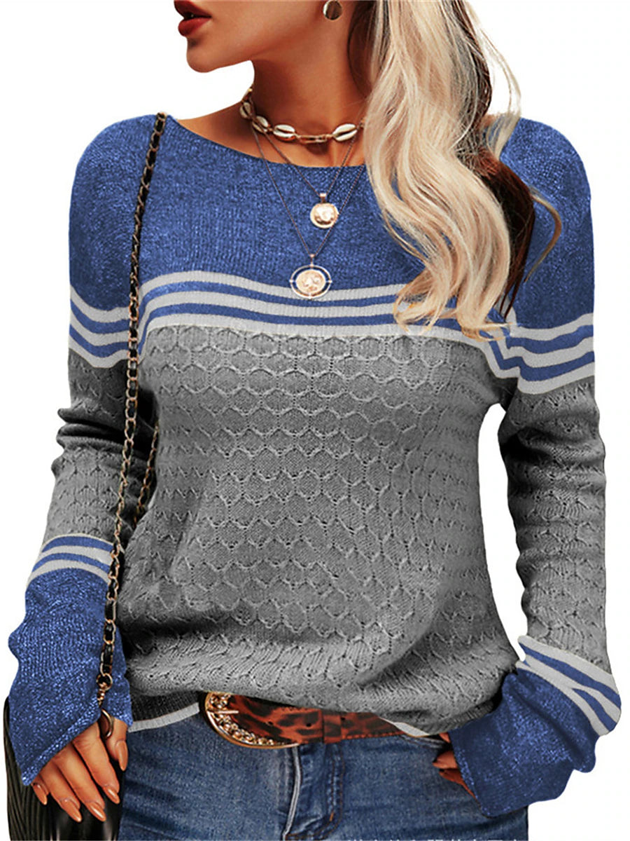 Women's Pullover Sweater Jumper Crew Neck Ribbed Knit Acrylic Patchwork Fall Winter Regular Outdoor Daily Going out Stylish Casual Soft Long Sleeve Color Block Striped Black White Pink S M L