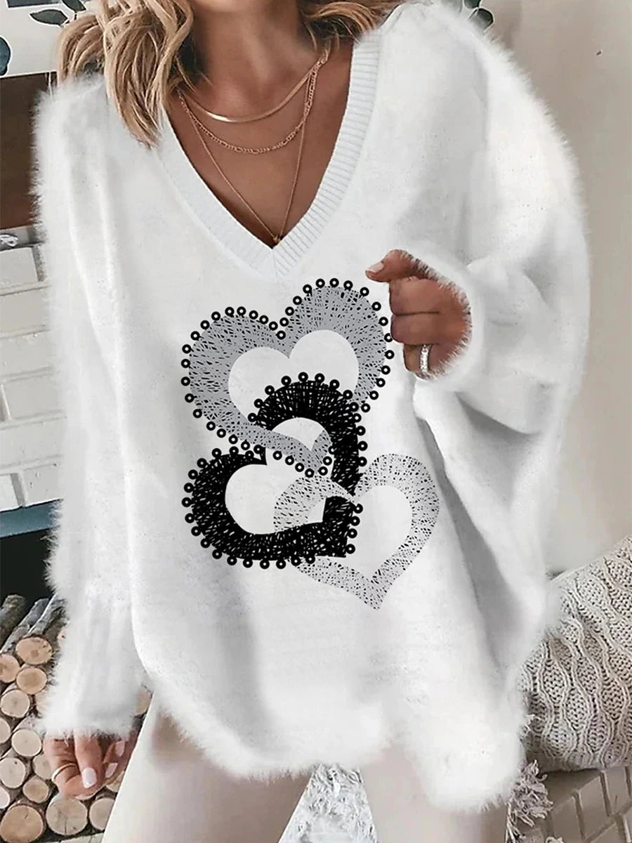 Women's Pullover Sweater Jumper Crew Neck Fuzzy Knit Acrylic Print Drop Shoulder Fall Winter Regular Going out Weekend Stylish Soft Long Sleeve Heart White Pink S M L