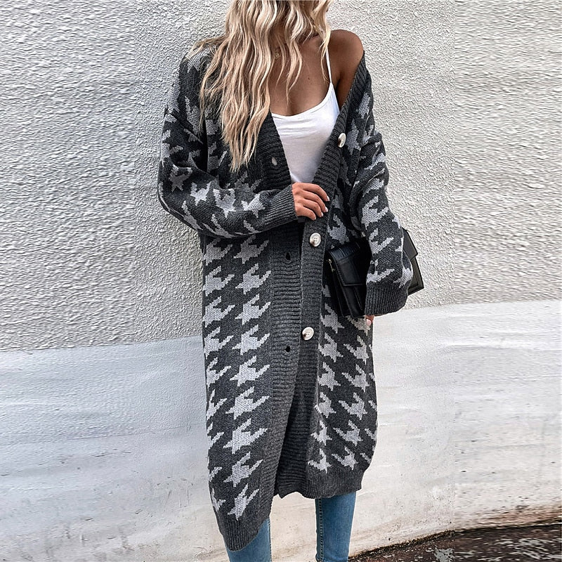 Women's Cardigan Sweater Jumper Ribbed Knit Tunic Button Knitted Houndstooth V Neck Stylish Elegant Outdoor Daily Winter Fall Fuchsia Gray S M L / Long Sleeve / Holiday / Casual / Regular Fit