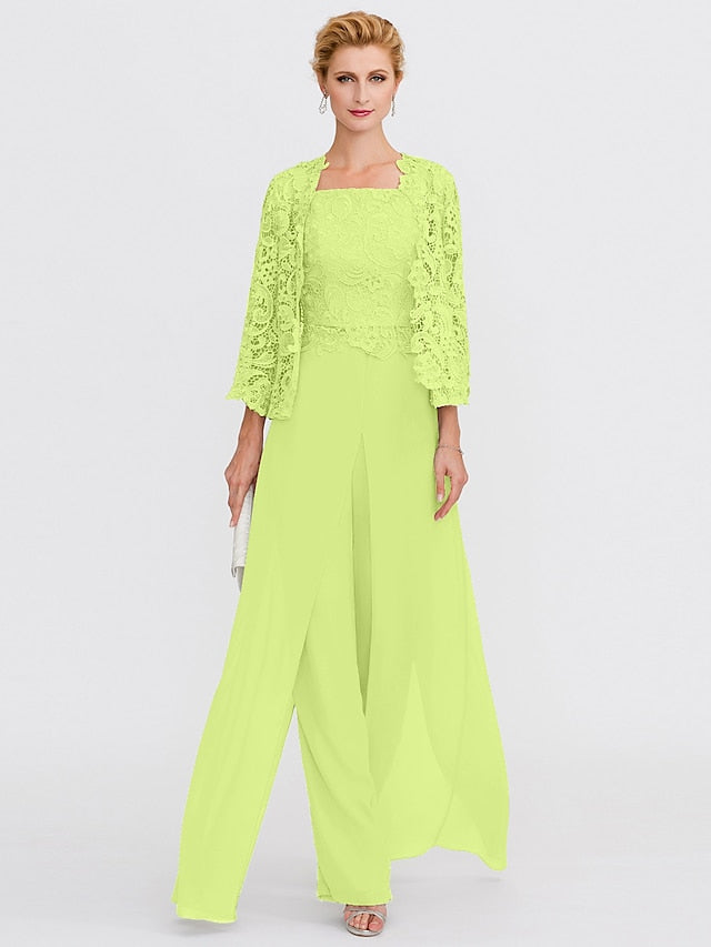 Jumpsuit / Pantsuit Mother of the Bride Dress Formal Plus Size Elegant Square Neck Floor Length Chiffon Corded Lace Sleeveless Wrap Included with Lace Appliques 2023 - LuckyFash™
