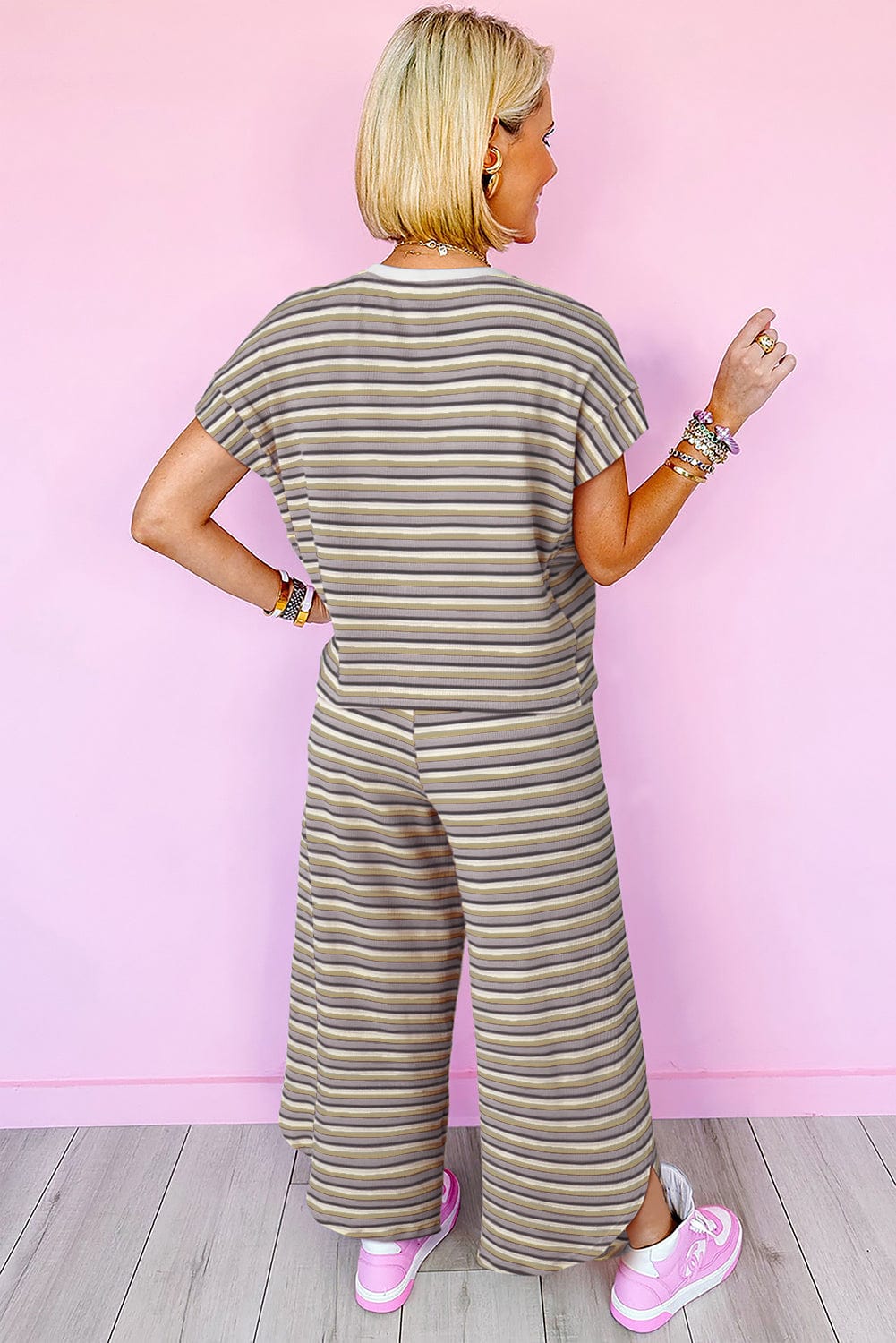 Rainbow Stripe Tassel Detail Tee and Wide Leg Pants Ensemble