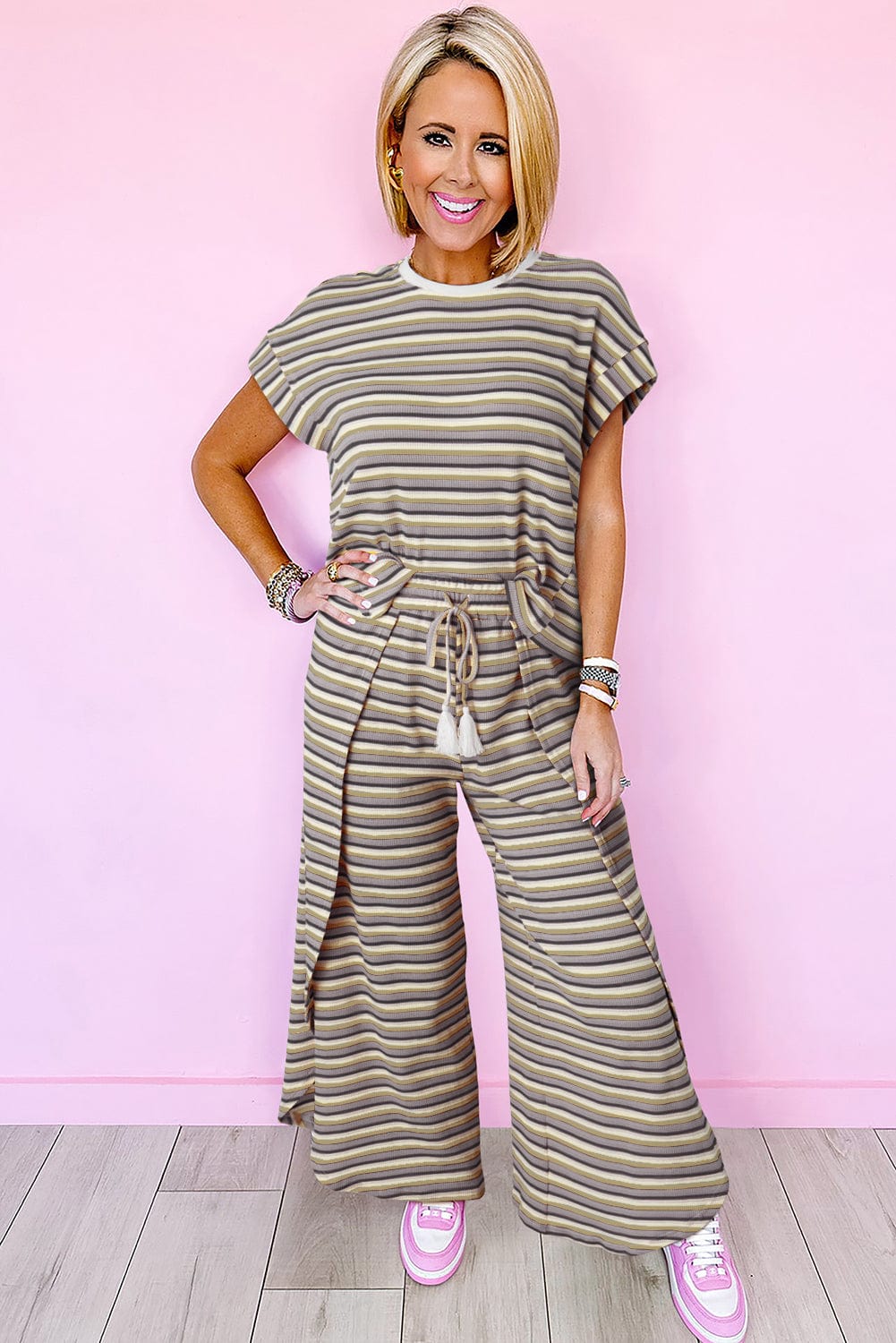 Rainbow Stripe Tassel Detail Tee and Wide Leg Pants Ensemble