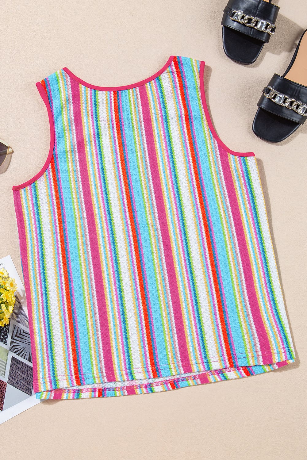 Rainbow Striped Eyelet Knit Tank Top with Button Detail