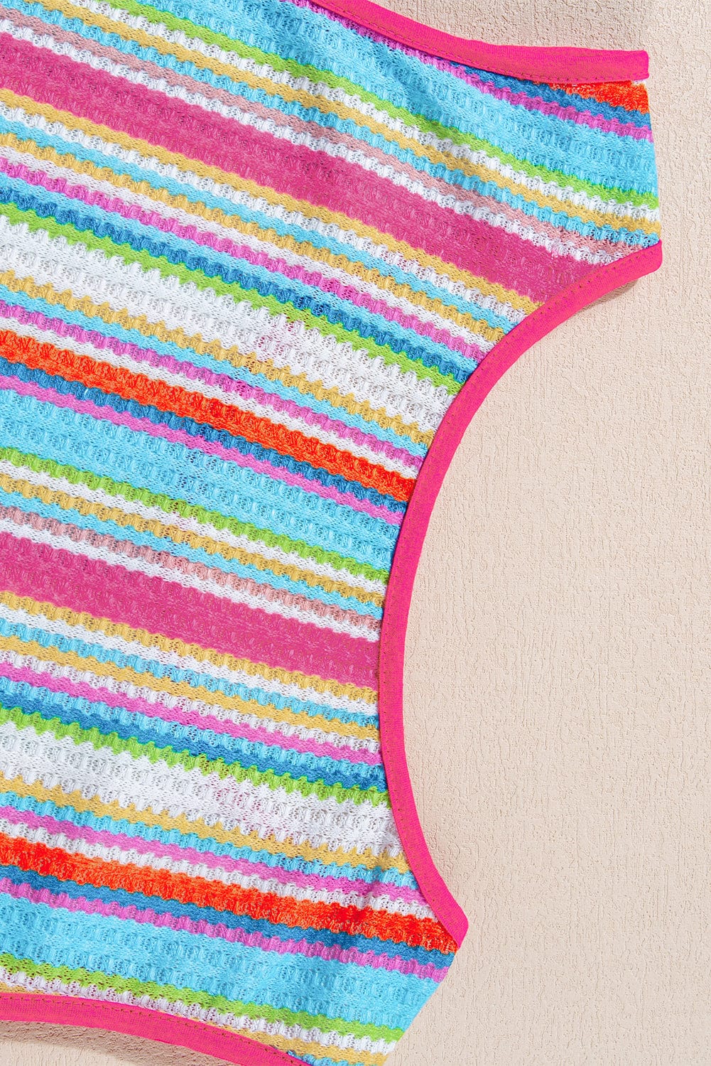 Rainbow Striped Eyelet Knit Tank Top with Button Detail