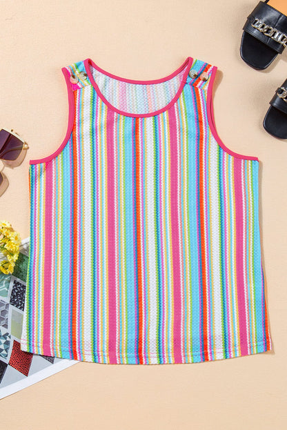 Rainbow Striped Eyelet Knit Tank Top with Button Detail