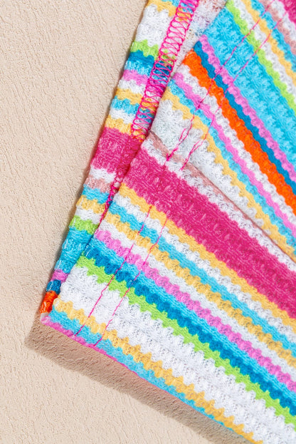 Rainbow Striped Eyelet Knit Tank Top with Button Detail
