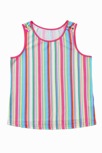 Rainbow Striped Eyelet Knit Tank Top with Button Detail