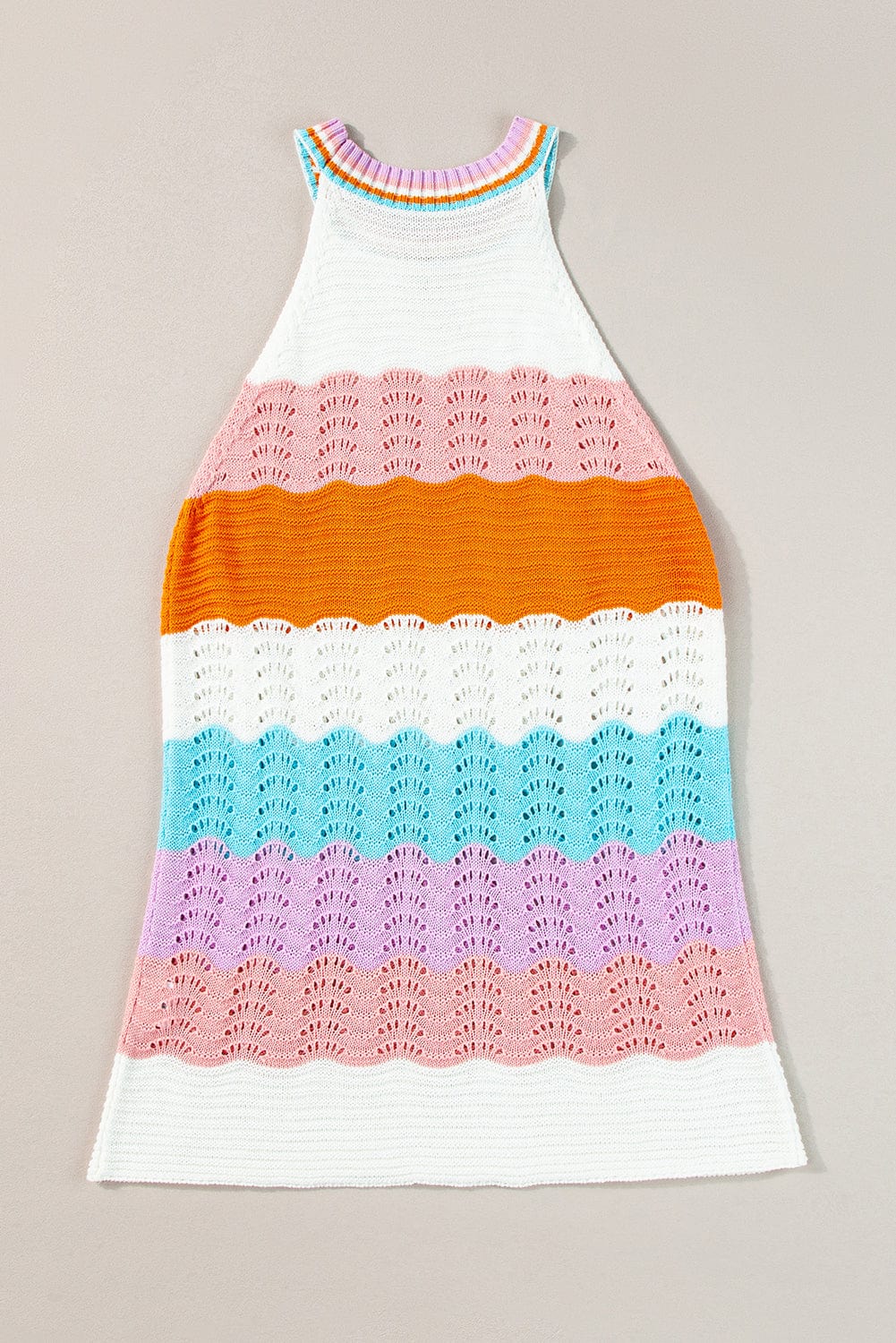 Rainbow Striped Pointelle Knit Sleeveless Sweater Vest
