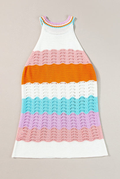 Rainbow Striped Pointelle Knit Sleeveless Sweater Vest