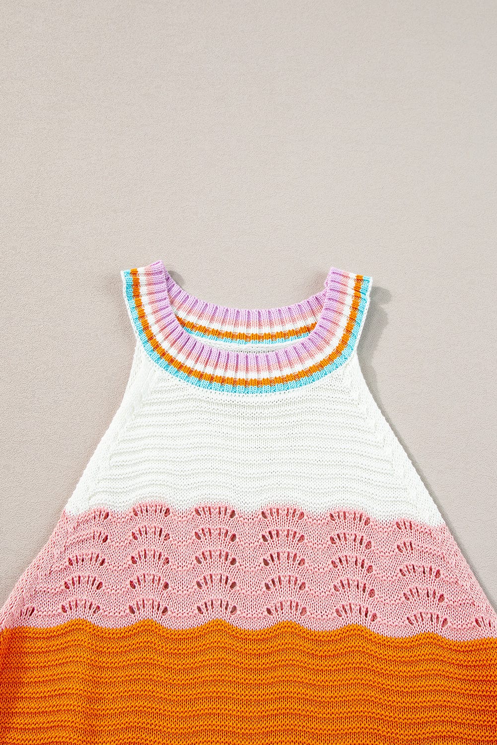 Rainbow Striped Pointelle Knit Sleeveless Sweater Vest
