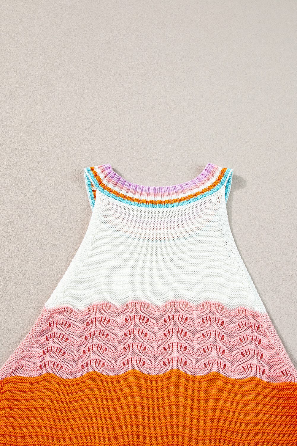 Rainbow Striped Pointelle Knit Sleeveless Sweater Vest